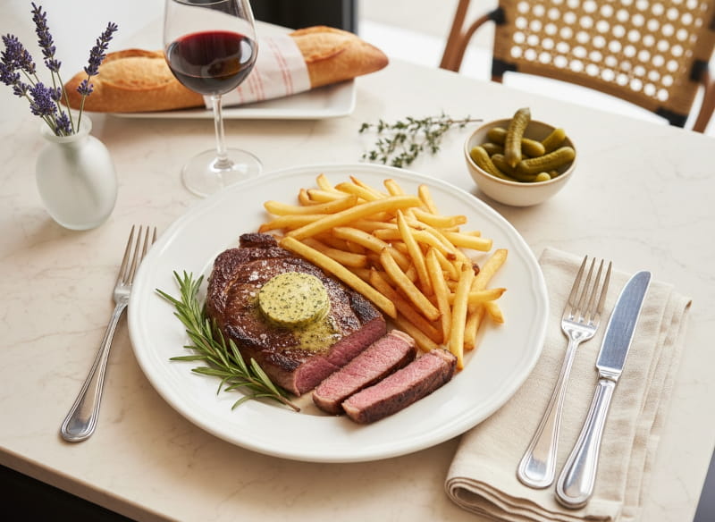 Entrecôte with Café de Paris butter and French fries on a white plate, Bordeaux red wine glass, Parisian bistro setting