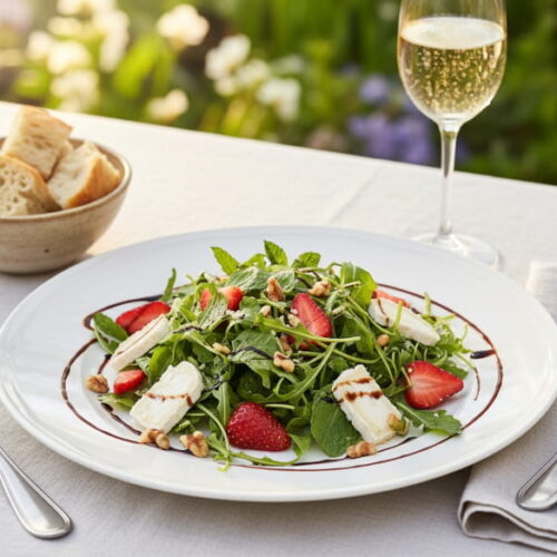 Strawberry and rocket salad with goat's cheese and balsamic reduction on a white plate, Crémant d'Alsace sparkling wine flute, spring-like outdoor setting