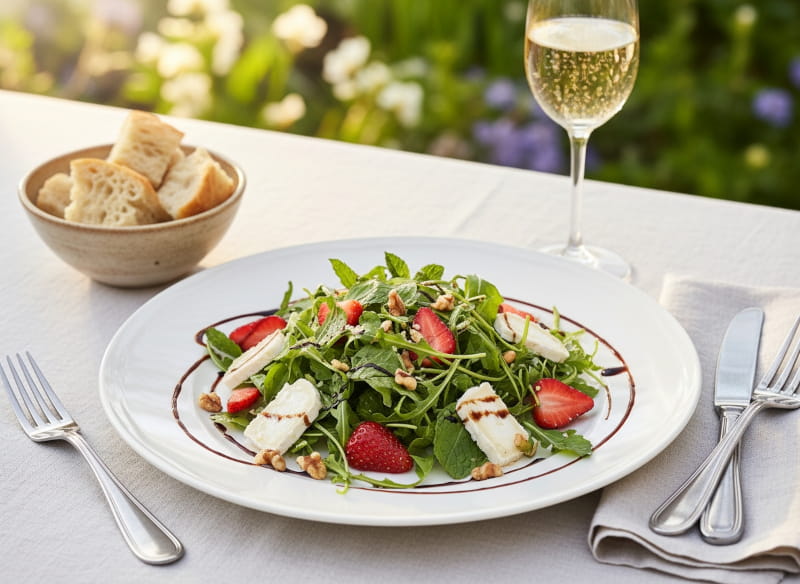 Strawberry and rocket salad with goat's cheese and balsamic reduction on a white plate, Crémant d'Alsace sparkling wine flute, spring-like outdoor setting