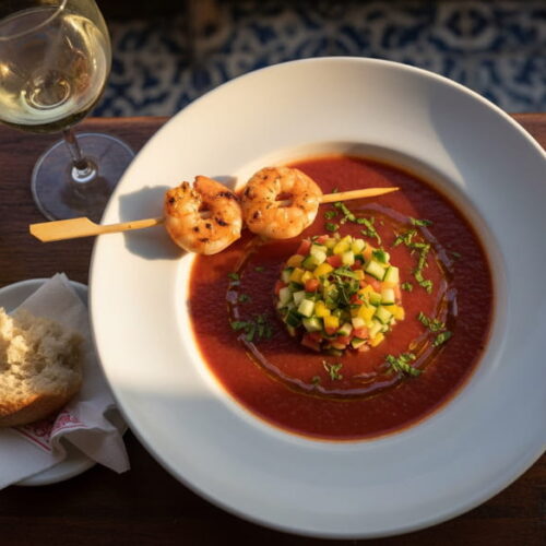 Gazpacho Andaluz with prawn skewer in a matte soup plate, manzanilla glass, Spanish tapas bar setting