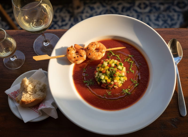 Gazpacho Andaluz with prawn skewer in a matte soup plate, manzanilla glass, Spanish tapas bar setting