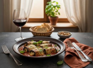 Grilled eggplant involtini with ricotta in tomato sauce, deep ceramic plate, warm evening light, Sicilian trattoria