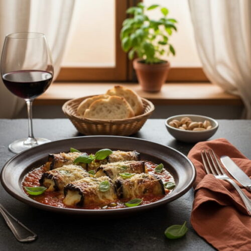Grilled eggplant involtini with ricotta in tomato sauce, deep ceramic plate, warm evening light, Sicilian trattoria