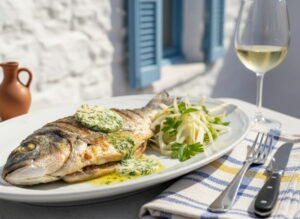 Grilled sea bream with herb butter and fennel salad on an oval plate, Assyrtiko white wine glass, Greek taverna setting
