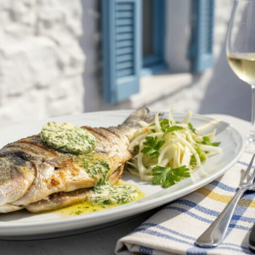 Grilled sea bream with herb butter and fennel salad on an oval plate, Assyrtiko white wine glass, Greek taverna setting