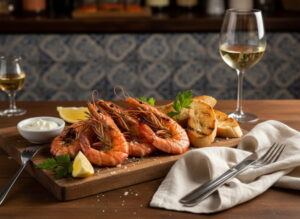 Grilled king prawns with aioli and baguette on a rustic wooden board, Verdejo white wine glass, Spanish tapas bar setting