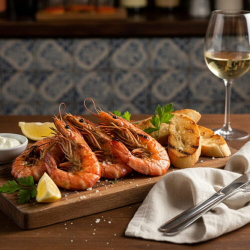 Grilled king prawns with aioli and baguette on a rustic wooden board, Verdejo white wine glass, Spanish tapas bar setting