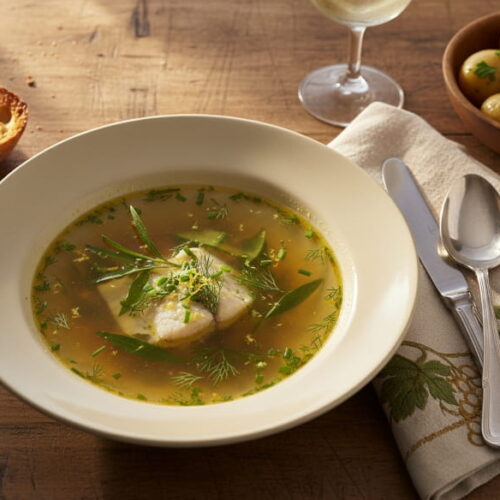 Pike fillet in clear golden yellow herb Riesling broth in a deep soup plate, dill and tarragon visible, lemon zest, white wine glass out of focus in the background, oak farm table, warm Moselle window light, close-up
