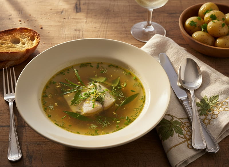 Pike fillet in clear golden yellow herb Riesling broth in a deep soup plate, dill and tarragon visible, lemon zest, white wine glass out of focus in the background, oak farm table, warm Moselle window light, close-up