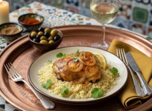 Chicken yassa with caramelized onions on couscous, Chenin Blanc white wine glass, oriental riad setting