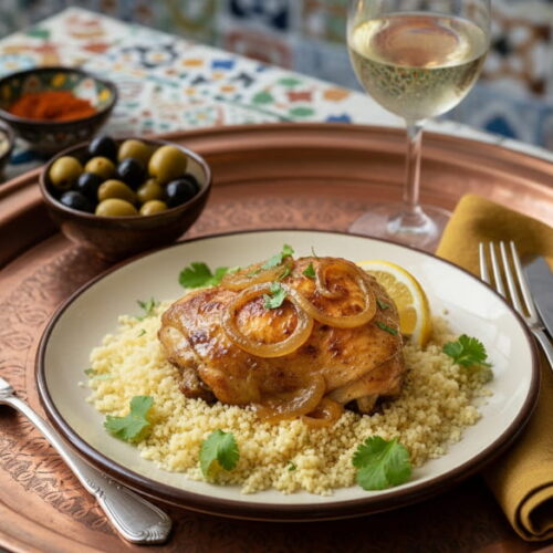 Chicken yassa with caramelized onions on couscous, Chenin Blanc white wine glass, oriental riad setting