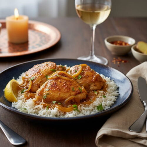 Chicken yassa with caramelized onions on basmati rice, deep ceramic plate, warm evening light, oriental-African setting