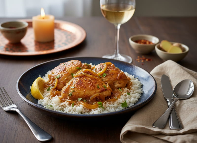 Chicken yassa with caramelized onions on basmati rice, deep ceramic plate, warm evening light, oriental-African setting