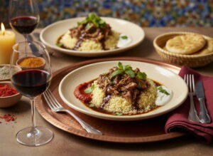 Cold-braised leg of lamb with couscous and harissa in a deep plate, Syrah red wine glass, oriental riad setting
