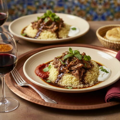 Cold-braised leg of lamb with couscous and harissa in a deep plate, Syrah red wine glass, oriental riad setting