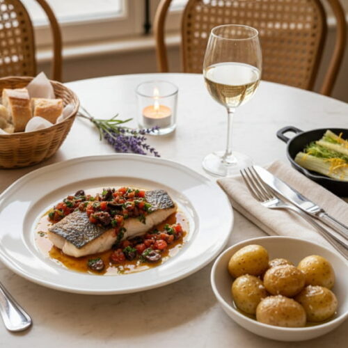 Loup de Mer in salt dough on a white plate with sauce Vierge, Provençal table setting, elegant white wine glass