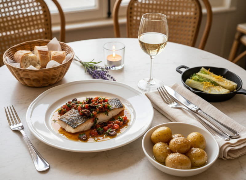 Loup de Mer in salt dough on a white plate with sauce Vierge, Provençal table setting, elegant white wine glass