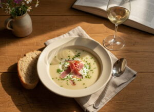 Cream of turnip soup with smoked duck ham in a cream-colored plate, Grüner Veltliner white wine glass, Bavarian farm table