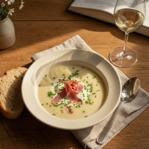 Cream of turnip soup with smoked duck ham in a cream-colored plate, Grüner Veltliner white wine glass, Bavarian farm table
