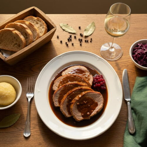 Mosel sauerbraten in slices on a white porcelain plate with dark Riesling jus and cranberries, white wine glass slightly misted, oak farmhouse table, warm autumn window light, 45° perspective