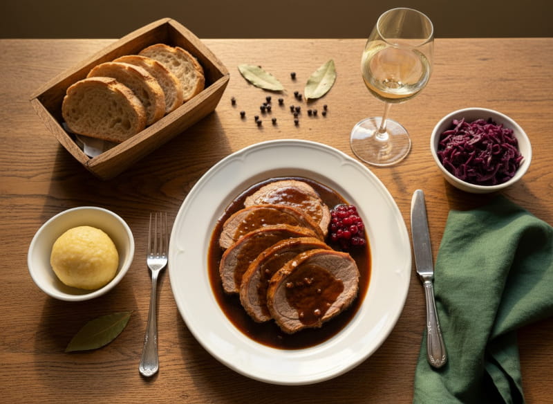 Mosel sauerbraten in slices on a white porcelain plate with dark Riesling jus and cranberries, white wine glass slightly misted, oak farmhouse table, warm autumn window light, 45° perspective