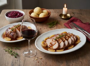 Mosel spit roast in slices on a white porcelain plate with caramelized onions and roast jus, red wine glass, candle, oak farmhouse table, autumn atmosphere, table setting
