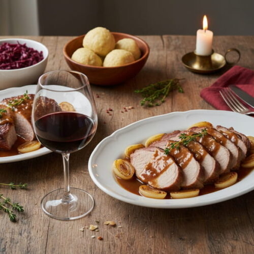 Mosel spit roast in slices on a white porcelain plate with caramelized onions and roast jus, red wine glass, candle, oak farmhouse table, autumn atmosphere, table setting