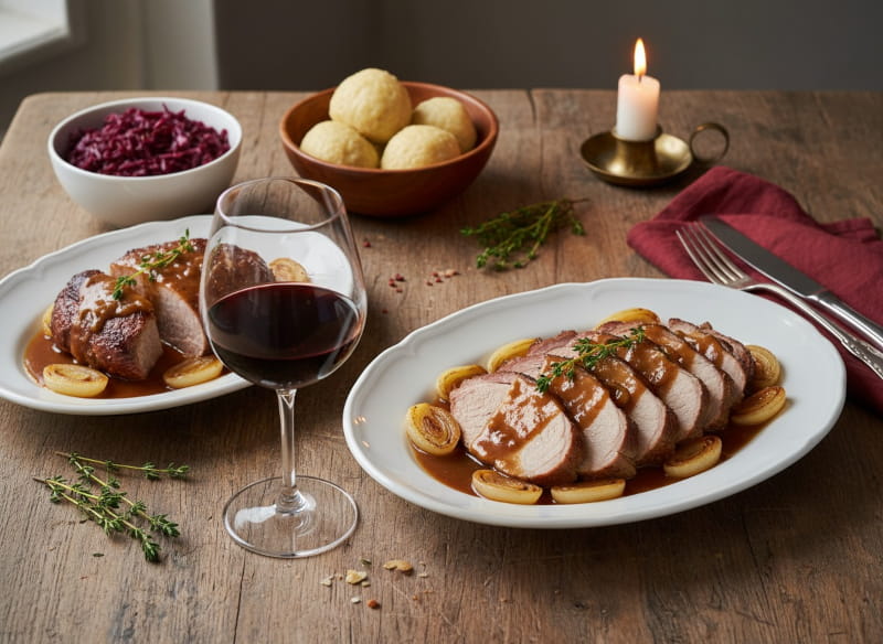 Mosel spit roast in slices on a white porcelain plate with caramelized onions and roast jus, red wine glass, candle, oak farmhouse table, autumn atmosphere, table setting