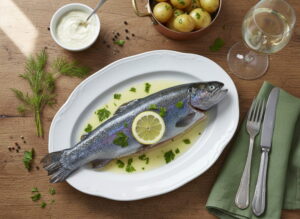Whole blue trout on a white porcelain plate with bluish-purple skin, garnished with parsley and lemon slice, elegant white wine glass slightly misted, oak farmhouse table, warm Moselle kitchen light, bird's eye view