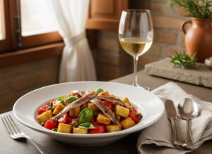 Tuscan panzanella with bread cubes, tomatoes, anchovies and capers in a white ceramic bowl, Tuscan trattoria setting