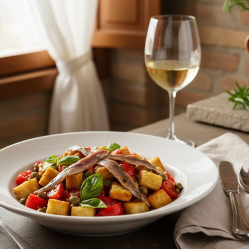 Tuscan panzanella with bread cubes, tomatoes, anchovies and capers in a white ceramic bowl, Tuscan trattoria setting