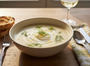 Creamy Riesling soup in a deep soup bowl with a dollop of crème fraîche, fresh dill and lemon zest, close-up, white wine glass out of focus in the background, oak farmhouse table, warm Moselle window light