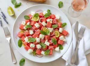 Watermelon feta salad with mint and black pepper on a white ceramic plate, bird's eye view, Provence setting
