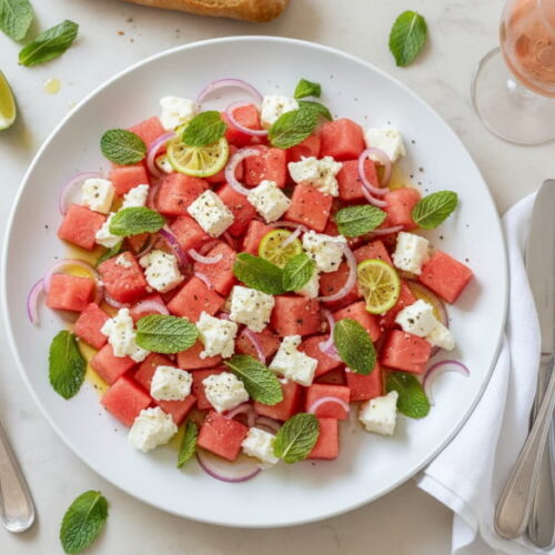 Watermelon feta salad with mint and black pepper on a white ceramic plate, bird's eye view, Provence setting