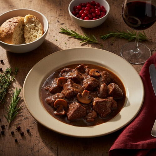 Wild boar goulash in dark braised sauce with porcini mushrooms in a deep plate, ruby red wine glass, bread dumplings, cranberries, oak farmhouse table, candlelight and autumn window light, oblique bird's eye view