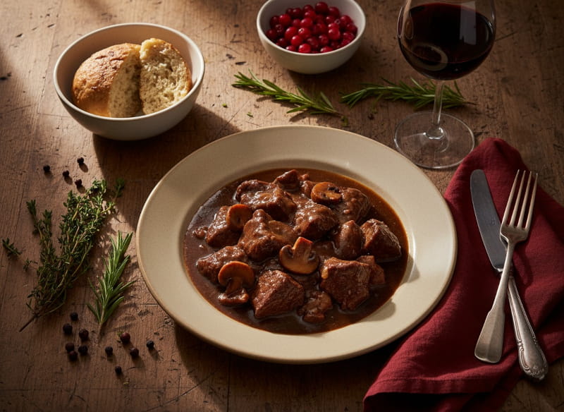 Wild boar goulash in dark braised sauce with porcini mushrooms in a deep plate, ruby red wine glass, bread dumplings, cranberries, oak farmhouse table, candlelight and autumn window light, oblique bird's eye view