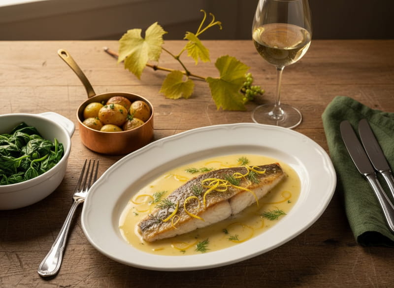 Pike-perch fillet on a velvety Riesling sauce in an oval white porcelain plate, garnished with fresh dill and lemon zest, elegant white wine glass slightly misted, oak farmhouse table, warm Moselle window light