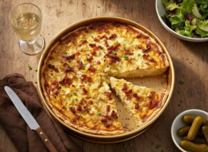 Golden brown onion tart in springform pan from above, pieces cut out, caramelized onions and bacon visible, white wine glass slightly misted, farmhouse table oak, warm autumn light, bird's eye view