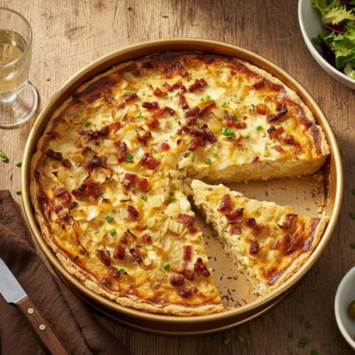 Golden brown onion tart in springform pan from above, pieces cut out, caramelized onions and bacon visible, white wine glass slightly misted, farmhouse table oak, warm autumn light, bird's eye view