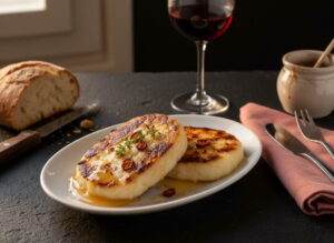 Caciocavallo alla brace on white porcelain plate, golden brown caramelized, honey poured glossy on top, sprig of thyme, red wine glass light cherry red out of focus, black lava stone surface, warm evening light, close-up