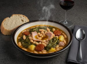 Caldo gallego in earthenware ceramic bowl, white beans and grelos visible, lacón rosa, steam rising, red wine glass with mencía dark red, dark gray granite, Atlantic winter light, close-up