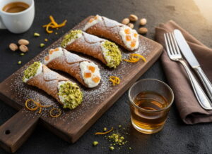 Cannoli siciliani on dark wooden board, golden brown scorze with creamy ricotta filling, green pistachio ends, powdered sugar, Marsala glass amber-colored, lava stone surface, warm evening light, oblique bird's eye view