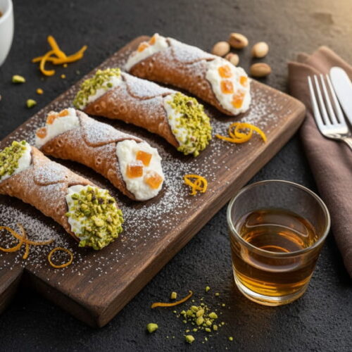 Cannoli siciliani on dark wooden board, golden brown scorze with creamy ricotta filling, green pistachio ends, powdered sugar, Marsala glass amber-colored, lava stone surface, warm evening light, oblique bird's eye view