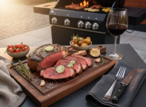 Thick slices of côte de boeuf on a dark wooden cutting board, herb butter melting, cross-grill marks visible, bird's-eye view