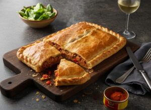 Empanada gallega de atún on dark wooden board, golden-brown pastry surface, two pieces cut out with red-brown tuna sofrito filling, Godello glass misted, Galician granite, Atlantic midday light, oblique bird's eye view