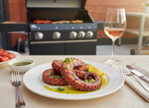 Grilled octopus tentacles with roasted strips on a white plate, glistening with lemon-herb oil, Mediterranean table setting, shot at 45°