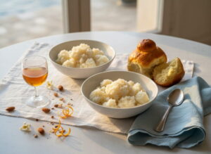 Granita alla mandorla in white ceramic bowl, crystalline and creamy white, brioche col tuppo golden brown next to it, passito glass misted amber, almonds on white marble table, Sicilian morning light, tablescape