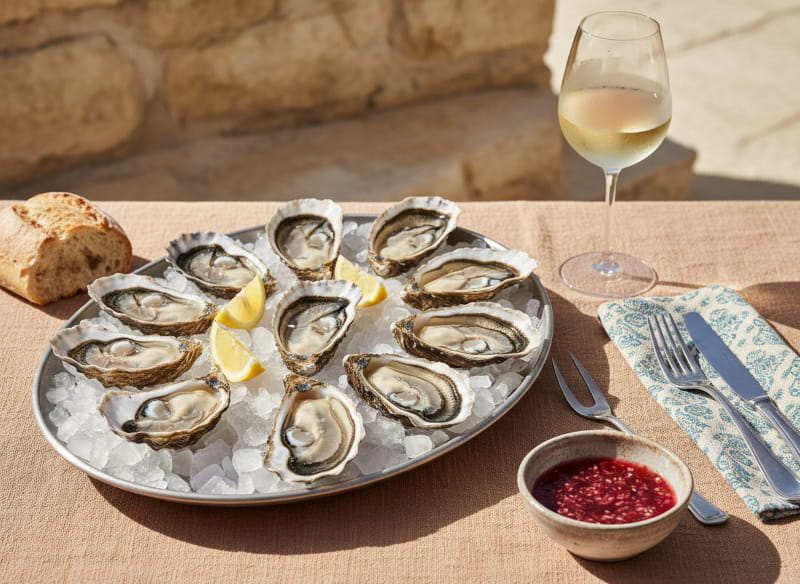 Twelve open Huîtres de Thau on crushed ice, gleaming with a pearlescent sheen, lemon wedges scattered among them, mignonette sauce in a small bowl, a white wine glass with a pale golden frost, light-colored limestone, Mediterranean light, classically centered