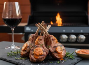Grilled rack of lamb with harissa butter on a dark slate platter, grill marks visible, close-up, warm evening light
