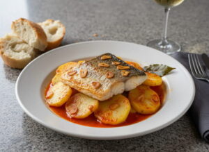Merluza a la gallega in a white ceramic plate, hake on potato slices with bright pimentón refrito, garlic slices golden brown, misted white wine glass, Galician granite, diffuse Atlantic light, close-up